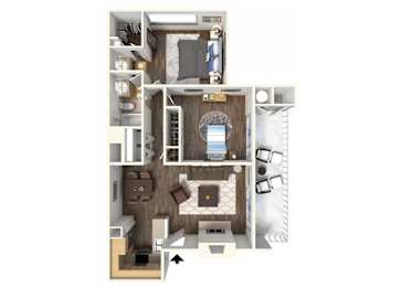 A top-down view of a small apartment with a kitchen, living room, and bathroom.