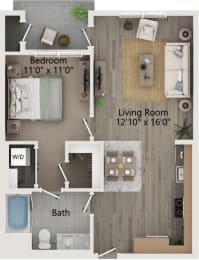 the floor plan of mercifully appointed living room and bedroom