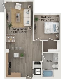 a floor plan of a bedroom with a bathroom and a living room