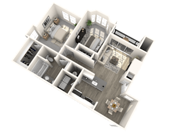 A 3D floor plan of a house with a kitchen, living room, and two bedrooms.