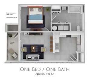 A floor plan of a one bedroom, one bath apartment.