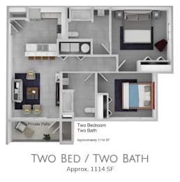 A diagram of a two bedroom, two bathroom apartment.