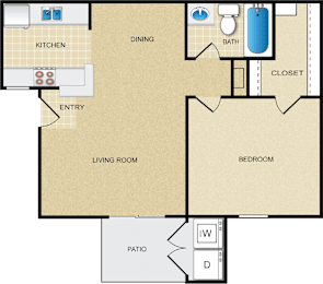 A floor plan of a house with a kitchen, dining room, living room, bedroom, bathroom, and patio.