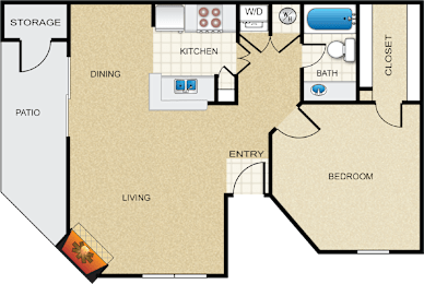A floor plan of a house with a living room, dining room, kitchen, bathroom, closet, and bedroom.