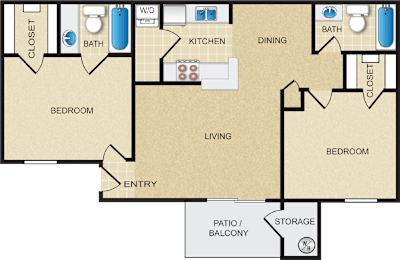 A floor plan of a house with two bedrooms, a living room, a kitchen, a dining room, a closet, a bathroom, a storage area, and a patio/balcony.