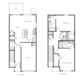A floor plan of a two-story home with labeled rooms.