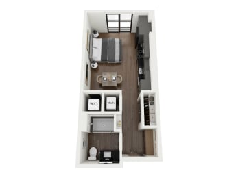 a stylized floor plan with a bedroom and a living room