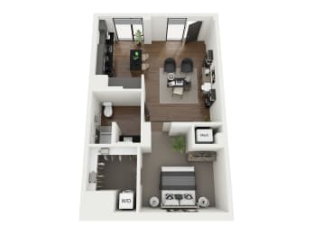 a 3d floor plan of a 2100 sq ft studio