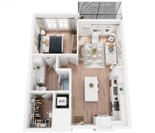 A top down view of a small apartment with a kitchen, living room, and bathroom.