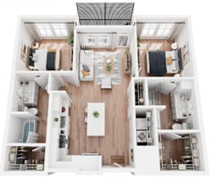 A top-down view of a modern, white-walled, open-plan apartment with a kitchen, dining area, and living room.