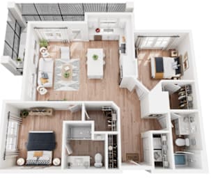 A top-down view of a modern, well-organized apartment with a kitchen, living room, and bedroom.