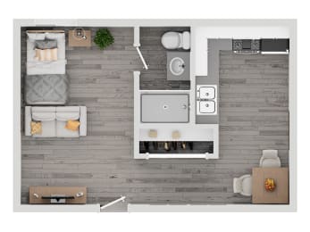 a floor plan of a bedroom with a bathroom and a living room