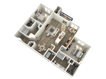 A 3D floor plan of a house with multiple rooms and furniture.