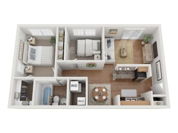2 bedroom floorplan with wood like flooring, large closet, and washer/dryer in unit