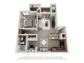 A 3D floor plan of a house with multiple rooms and furniture.