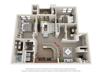 A 3D floor plan of a house with a kitchen, living room, and bedrooms.