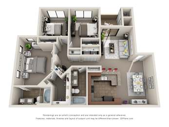 A 3D floor plan of a house with multiple rooms and furniture.