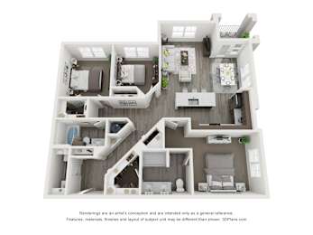A 3D floor plan of a house with multiple rooms and furniture.