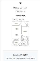 A floor plan for a 1 bedroom apartment is shown along with the base rent and security deposit information.