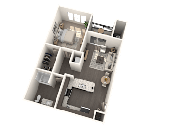A 3D floor plan of a house showing a kitchen, living room, and two bedrooms.