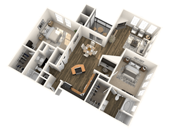 A 3D floor plan of a house with a living room, kitchen, dining room, and multiple bedrooms.