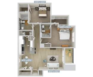 a stylized floor plan with a bedroom and a living room