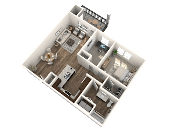 A 3D floor plan of a house with a kitchen, living room, and two bedrooms.