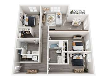 A top down view of a small apartment with a kitchen, living room, and bedroom.