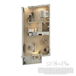 A floor plan of a two-bedroom apartment with a living room, kitchen, and bathroom.