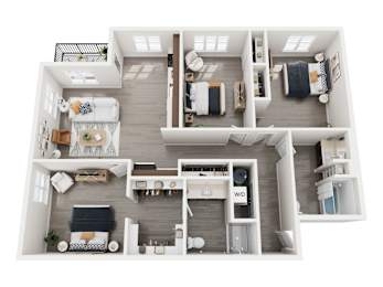 A top-down view of a well-organized apartment with a living room, kitchen, and bedrooms.