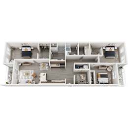 A 3D floor plan of a house with multiple rooms and furniture.