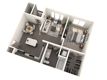 A 3D floor plan of a house with a kitchen, living room, dining room, and bedrooms.