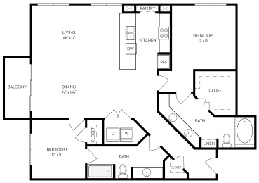 2 Bedroom 2 Bathroom Floorplan at The Dylan, Dallas