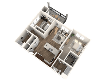 A 3D floor plan of a house with multiple rooms and furniture.