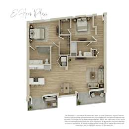 A floor plan of an apartment with a kitchen, living room, and two bedrooms.