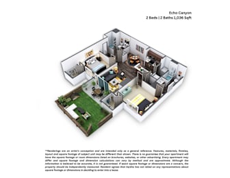 A floor plan of a two bedroom apartment with two bathrooms and a living room.