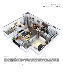 A 3D floor plan of a two bedroom, two bathroom apartment.