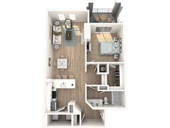 A top down view of a small apartment with a bedroom, living room, and kitchen.