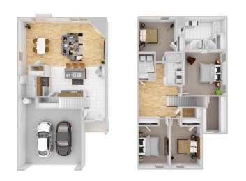 two floor plans of a house with a garage and a car