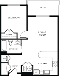 A black and white image of a floor plan for a house with a bedroom, bathroom, living room, kitchen, and patio.