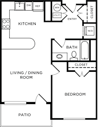 A black and white floor plan of a house with a kitchen, living room, dining room, bedroom, bathroom, and patio.