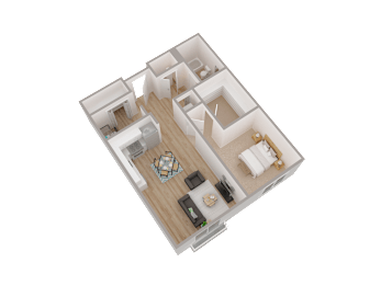 A 3D rendered image of a house layout.