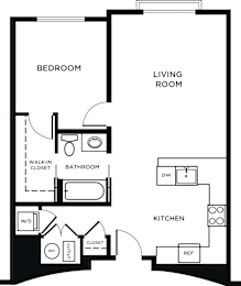 A black and white image of a floor plan for a home with a bedroom, bathroom, kitchen, and living room.