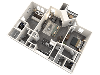 A 3D floor plan of a house with multiple rooms and furniture.