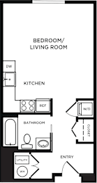 A floor plan of a bedroom/living room with a kitchen and bathroom.