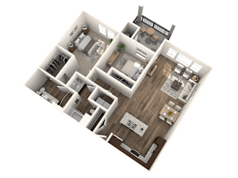 A 3D floor plan of a house with multiple rooms and furniture.
