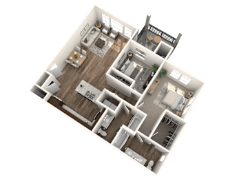 A 3D floor plan of a house with multiple rooms and furniture.