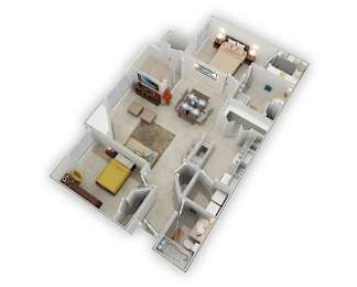 A 3D floor plan of a house with a living room, kitchen, and two bedrooms.