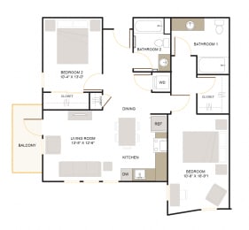C2.2 Floor Plan 2 Bed - 2 Bath |1,072 sq. ft.