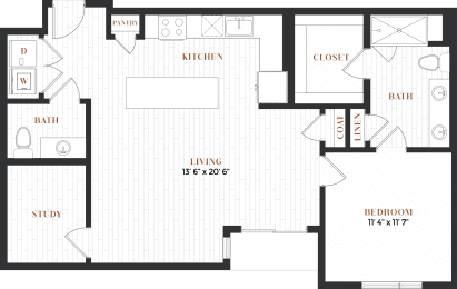 the floor plan of a bedroom apartment with a bathroom and a living room